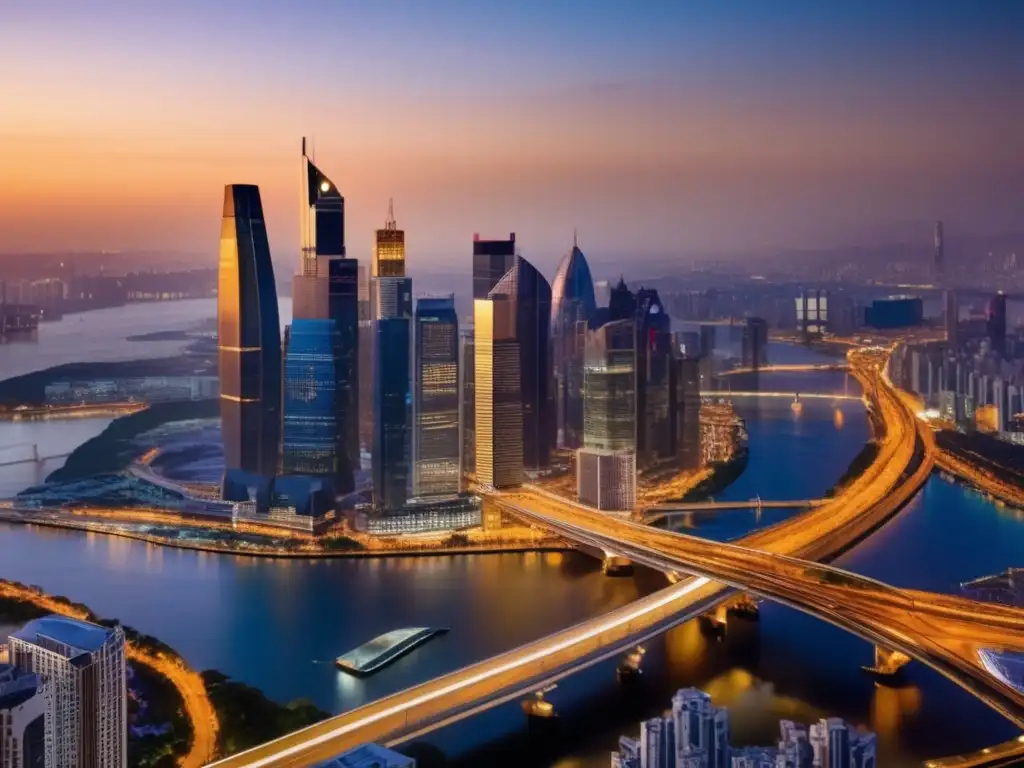 Ciudad global de inversiones y tratados fiscales Tratados fiscales internacionales: ciudad cosmopolita con rascacielos reflejando el atardecer dorado, simbolizando inversiones globales