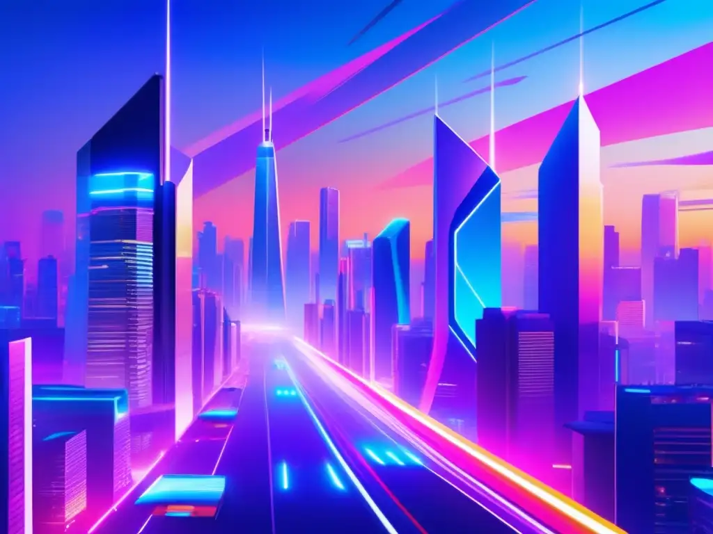 Una ciudad futurista y vibrante al anochecer Flexibilidad mental para invertir en una ciudad futurista y vibrante con rascacielos luminosos y coches voladores