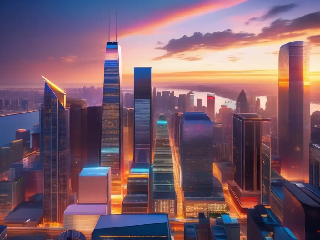 Escena dinámica de la ciudad al atardecer Flexibilidad en mercados financieros cambiantes