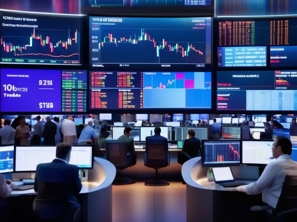 Traders ocupados en piso bursátil moderno Floor de trading con traders, pantallas y gráficos en tiempo real - Importancia noticias económicas inversiones