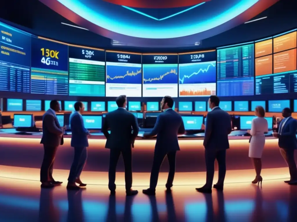 Intensa bolsa de valores: traders y pantallas FOMO en finanzas: Traders en un piso de bolsa lleno de energía, con pantallas digitales y datos en tiempo real