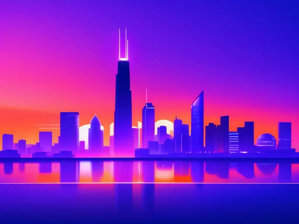 Ciudad futurista con rascacielos modernos Fondo indexado: diversificación eficiente con skyline futurista, rascacielos modernos, colores vibrantes y profesionales debatiendo