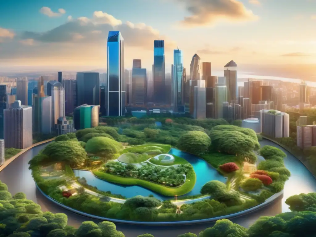 Inversión sostenible en ciudad vibrante Invierte conscientemente con Fondos ESG: imagen 8k que muestra el equilibrio entre desarrollo urbano y sostenibilidad