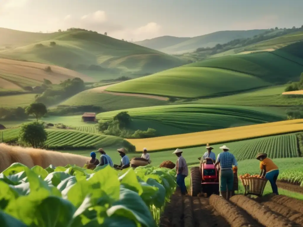 Agricultura sostenible: equipo diverso en acción Fondos de inversión de impacto: Diversidad en proyecto agrícola sostenible con paisaje verde y equipo de agricultores comprometidos