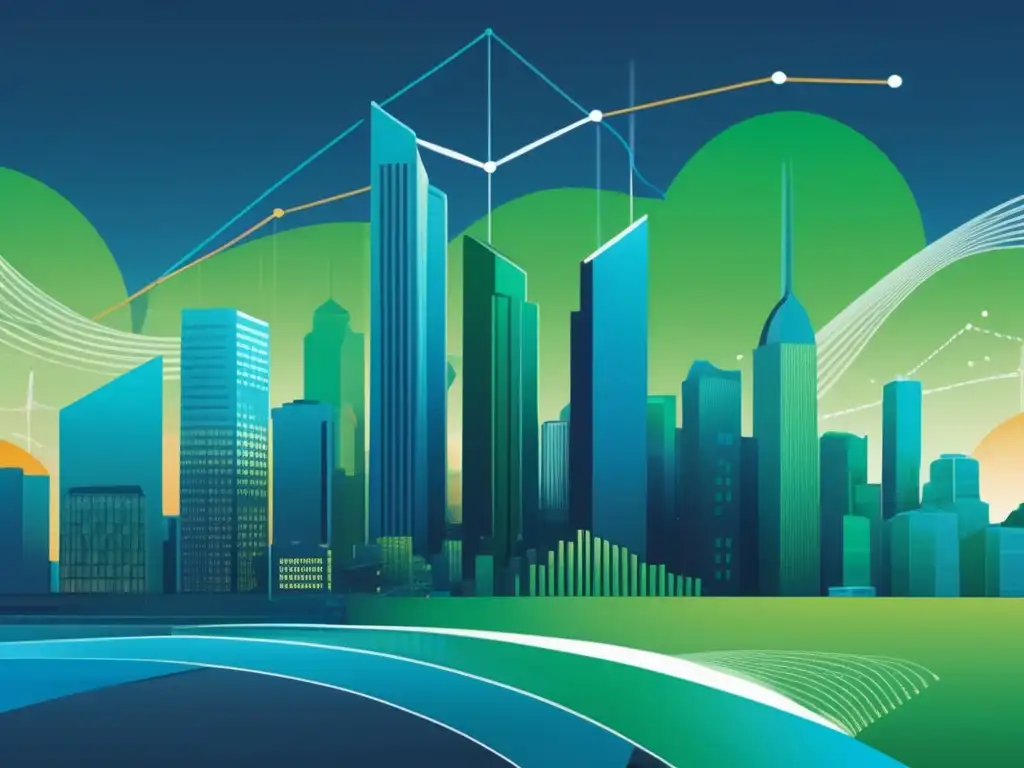 Paisaje financiero moderno y diversificación eficiente con fondos indexados Fondos indexados: diversificación eficiente en un paisaje financiero moderno con rascacielos, ciudad bulliciosa y gráfica detallada