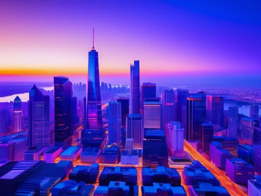 Ciudad moderna al amanecer: crecimiento, estabilidad y progreso Fondos inmobiliarios revolucionando mercado: ciudad moderna con rascacielos iluminados al amanecer