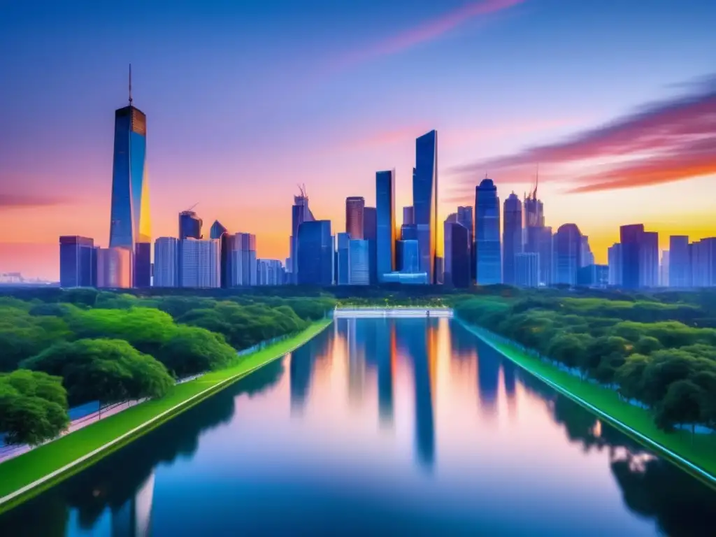 Ciudad moderna al atardecer, símbolo de inversión inmobiliaria Fondos inmobiliarios revolucionando mercado: Ciudad moderna al atardecer con rascacielos de vidrio reflejando colores vibrantes del atardecer