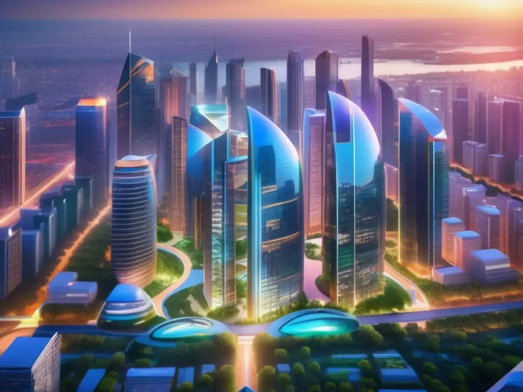 Futuro ciudad: impacto fondos inmobiliarios Fondos inmobiliarios revolucionando mercado: impacto de la innovación y progreso en una ciudad futurista llena de rascacielos y transporte avanzado