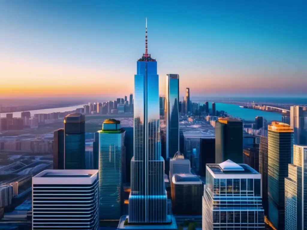 Rascacielos moderno en vibrante ciudad Fondos inmobiliarios revolucionando mercado: rascacielos moderno reflejando ciudad vibrante y cielo azul, capturando esencia inmobiliaria