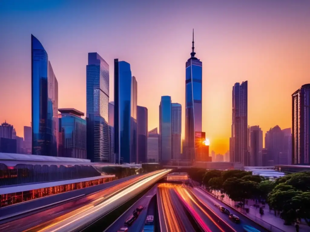 Ciudad moderna al atardecer Fondos inmobiliarios revolucionando mercado: Ciudad vibrante, rascacielos modernos, atardecer cautivador