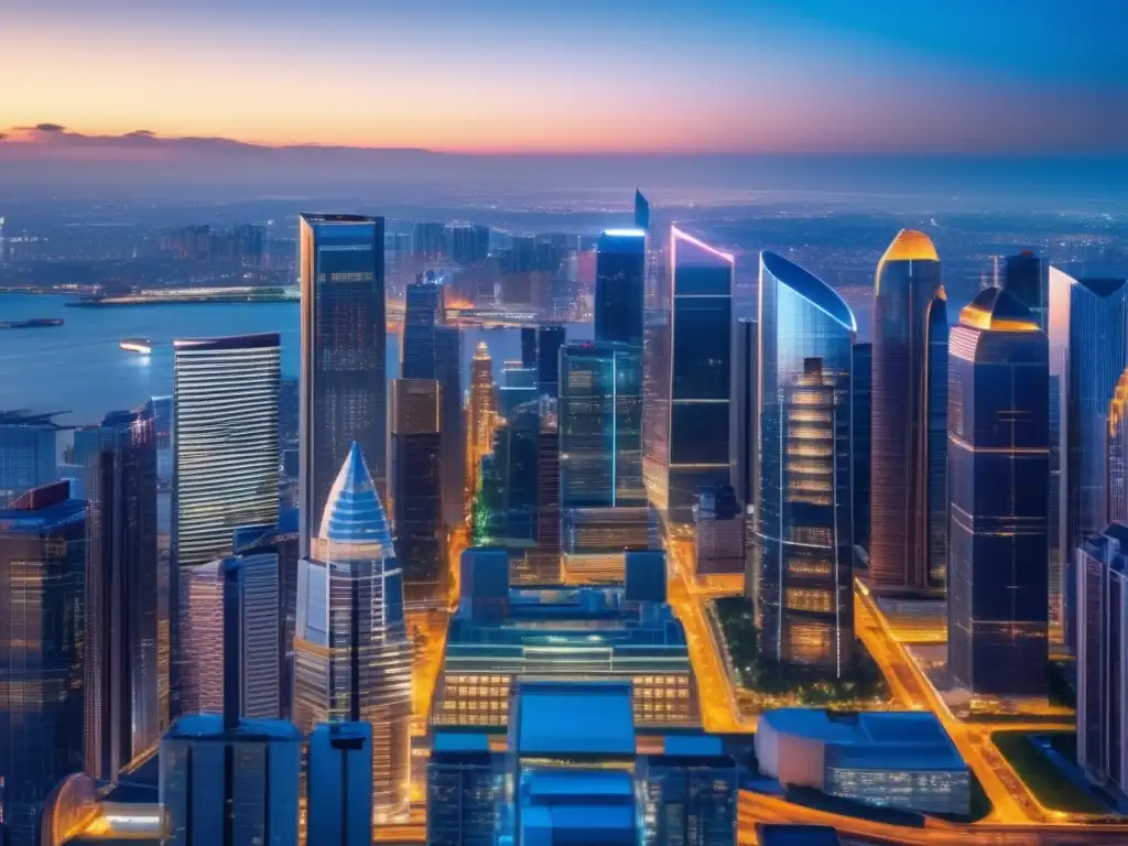 Ciudad moderna con rascacielos vibrantes Fondos inmobiliarios revolucionando mercado: Ciudad vibrante con rascacielos modernos, vidrios relucientes y luces brillantes