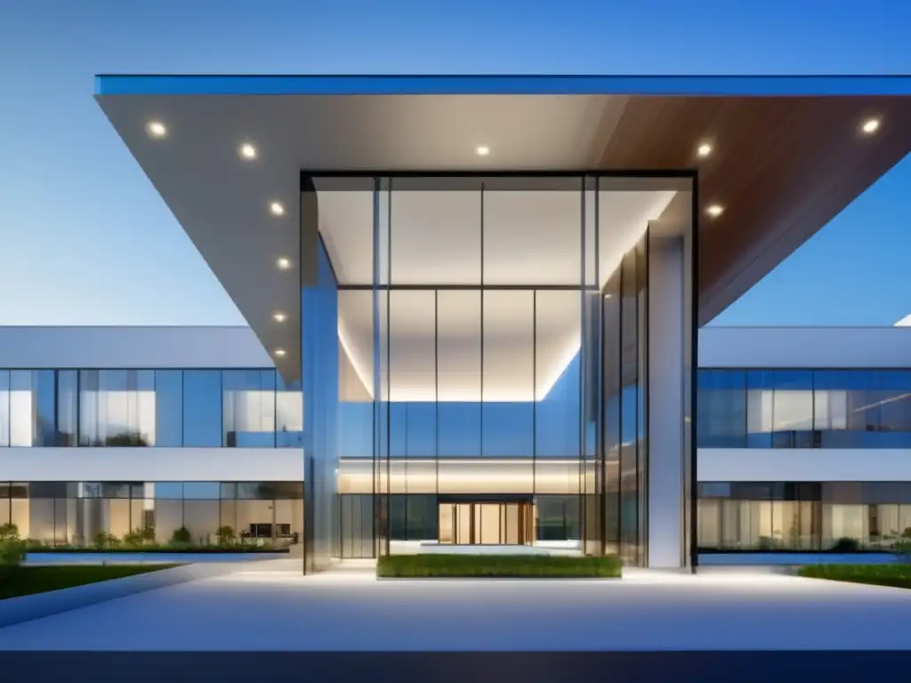 Centro de salud moderno y vanguardista Invertir en fondos inmobiliarios salud: moderno centro médico con diseño contemporáneo, vidrio reflectante y equipamiento de vanguardia