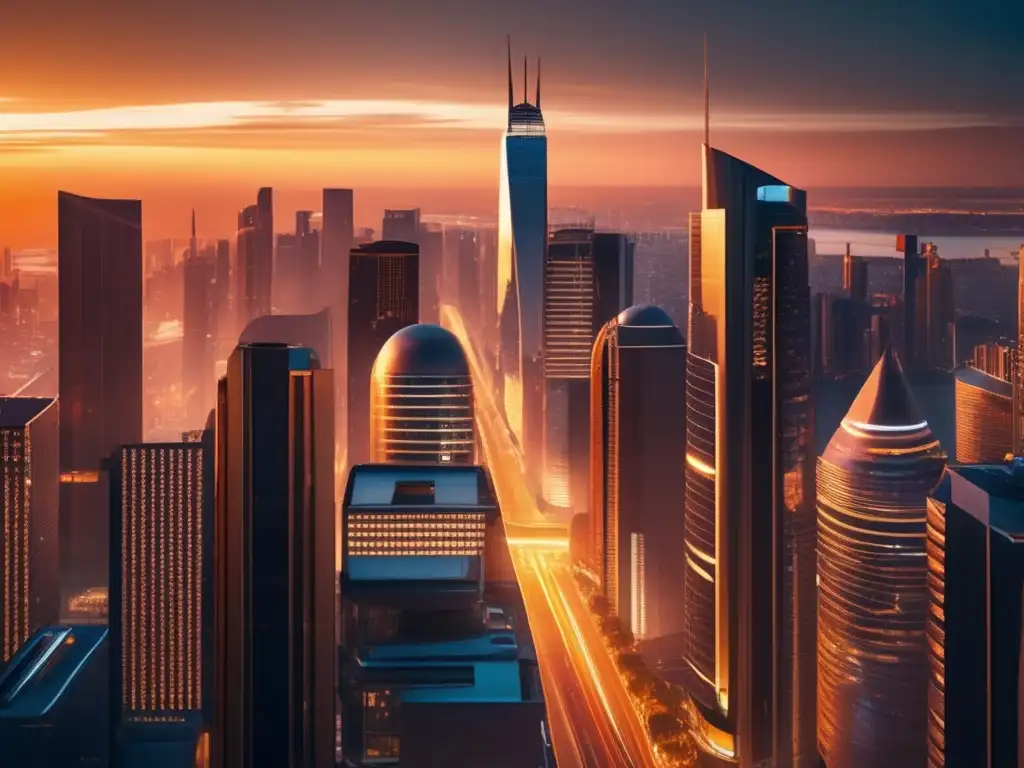 Ciudad moderna al atardecer con rascacielos Fondos inmobiliarios seguros en crisis: Ciudad moderna al atardecer, rascacielos reflejando el sol, ambiente urbano próspero