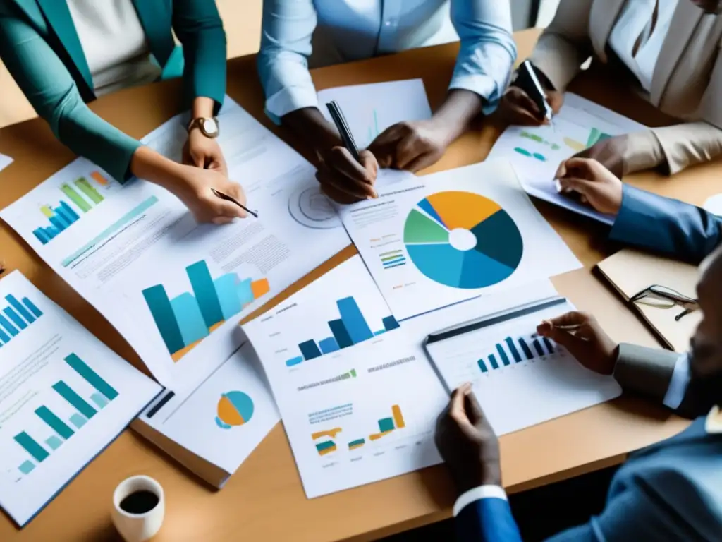 Reunión de inversión de impacto Fondos de inversión de impacto: profesionales colaborando en una mesa con documentos y gráficos