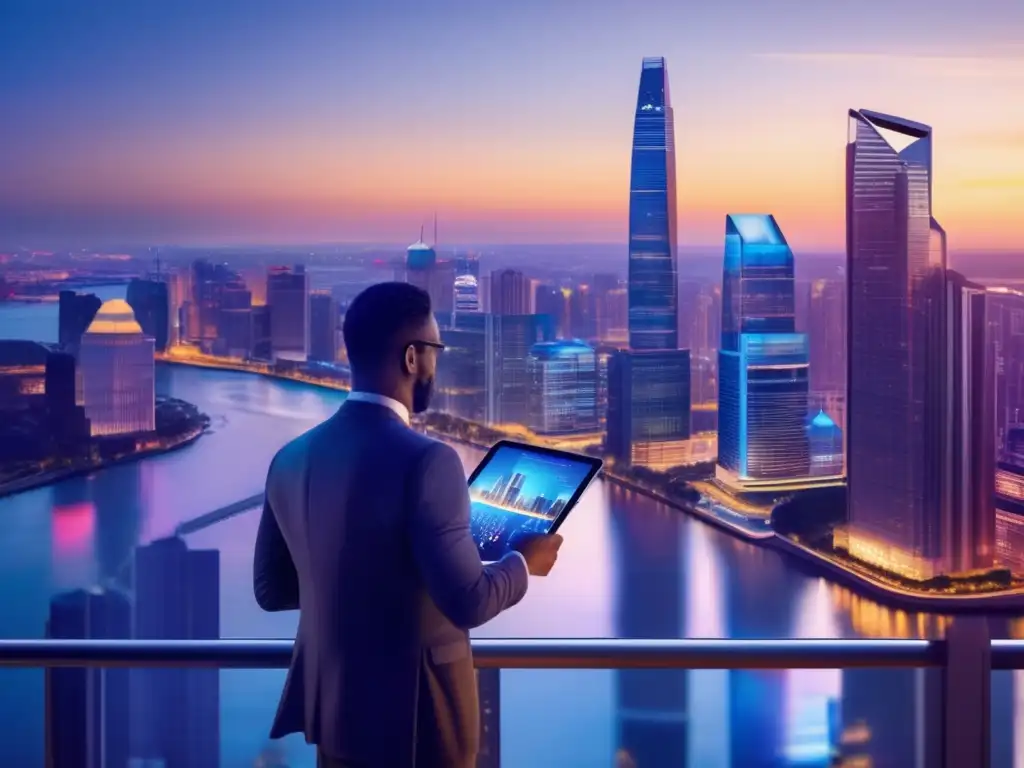 Ciudad vibrante con rascacielos y fondo financiero Fondos soberanos inversión países: Imagen 8k de una ciudad vibrante con rascacielos modernos y un inversor con gráficos financieros en una tablet