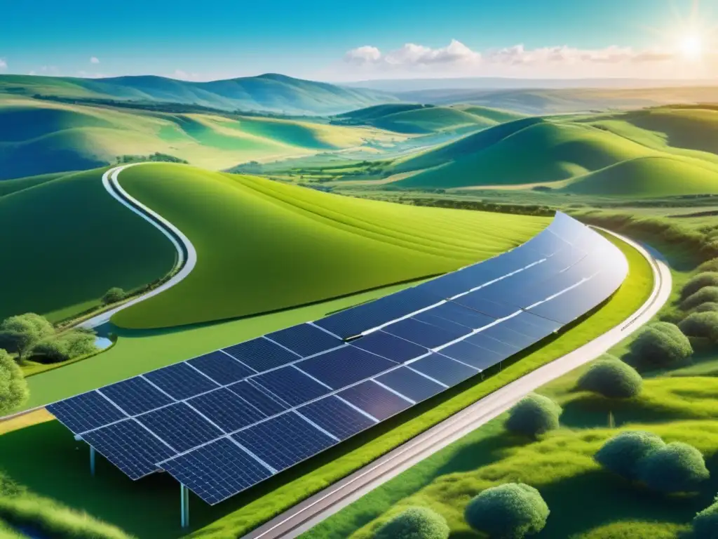 Paisaje verde con paneles solares Fondos de inversión sostenibles tendencia: Paisaje verde con paneles solares, río cristalino y tecnología limpia