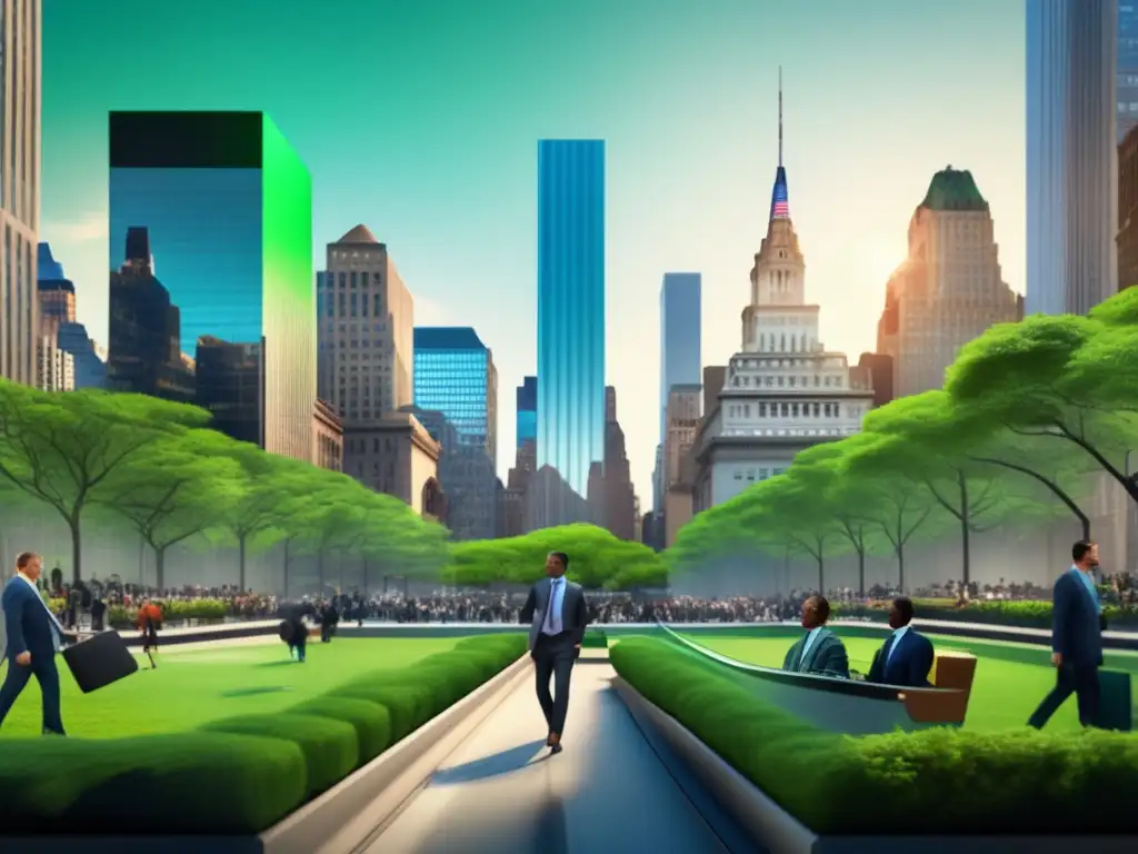 Moderna skyline de Wall Street con rascacielos de vidrio y Central Park Fondos Verdes Wall Street Tendencia: imagen espectacular de Wall Street fusionando finanzas y sostenibilidad