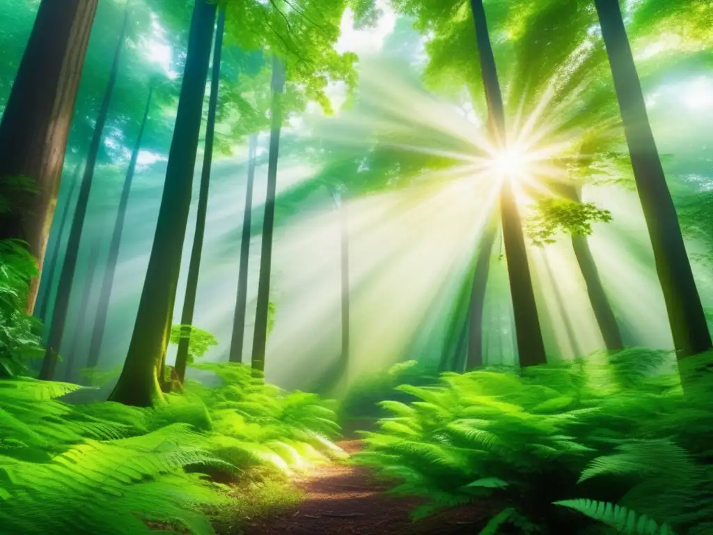 Bosque verde exuberante, serenidad y sostenibilidad Forestal verde con árboles altos: invierte en Fondos ESG para invertir conscientemente