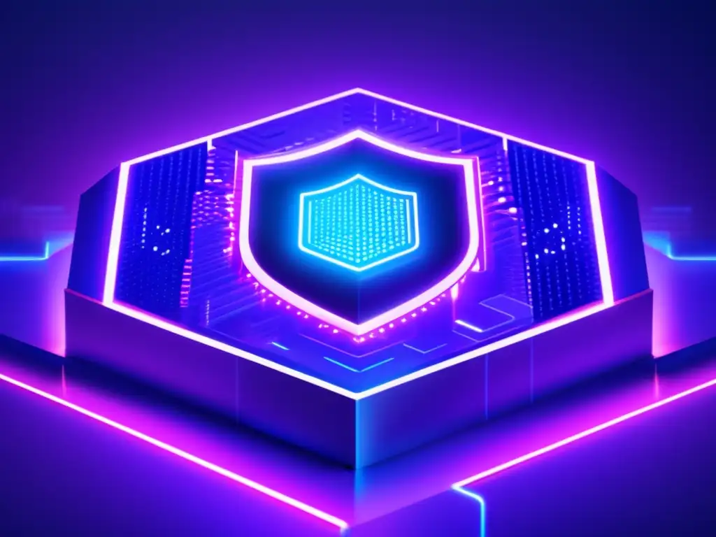 Futuroso fortaleza digital con escudo binario Fortaleza digital futurista con seguridad transacciones online