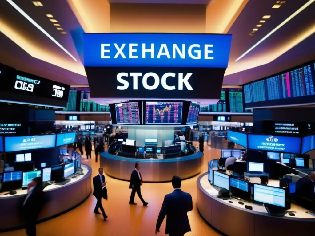 Bolsa de valores moderna y profesional Foto vibrante de una bolsa de valores, traders y pantallas electrónicas