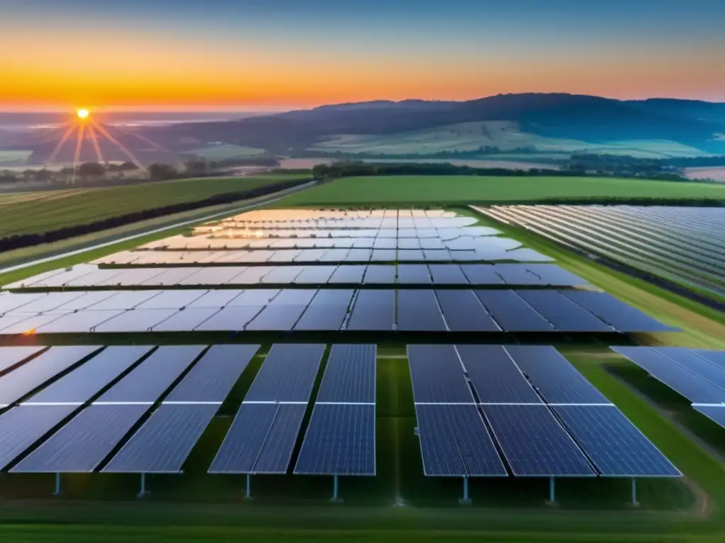 Granja solar moderna al amanecer Guía práctica inversión fotovoltaica: Granja solar moderna al amanecer, paneles negros brillantes con rocío, alineados con precisión