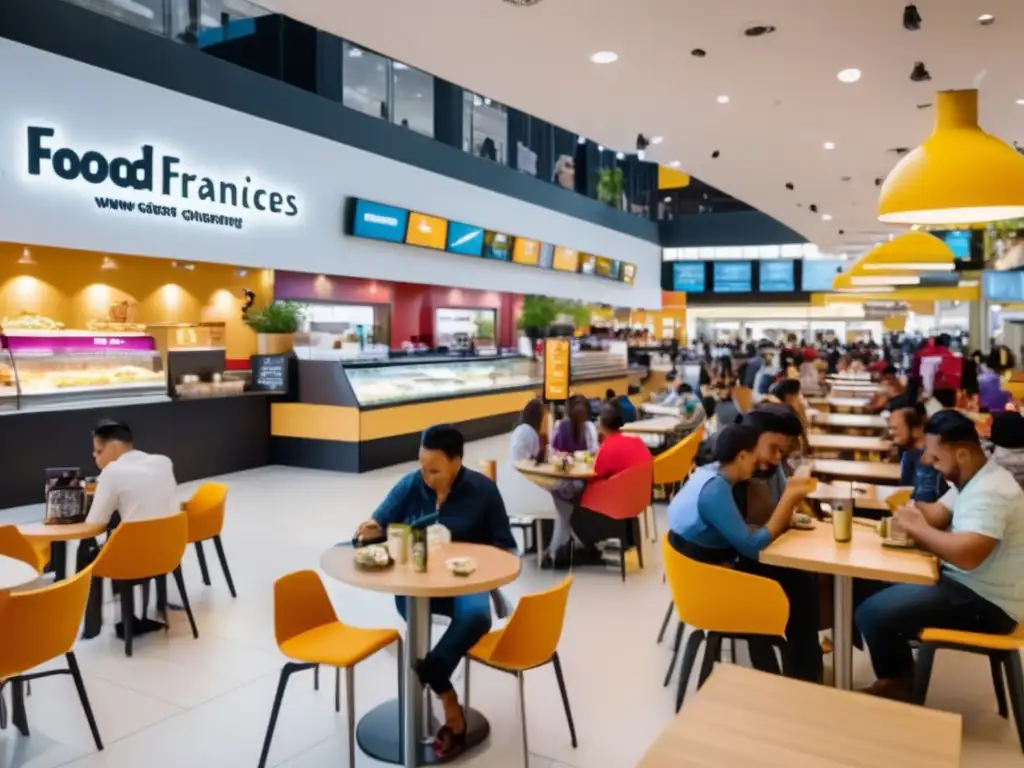 Food court con franquicias y clientes felices Franquicias de alimentación: éxito, rentabilidad y variedad en un concurrido food court
