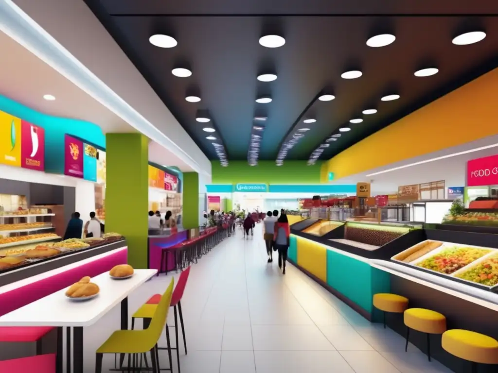 Moderno y vibrante food court en centro comercial Franquicias de alimentación: Ambiente vibrante y moderno en un concurrido food court de un centro comercial