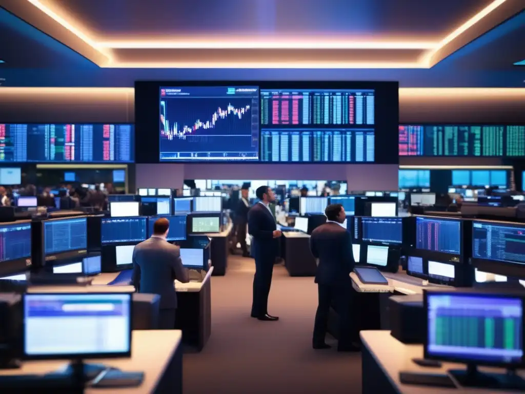 Traders en piso de bolsa ejecutando operaciones Funcionamiento de la bolsa de valores en una moderna y dinámica sala de trading