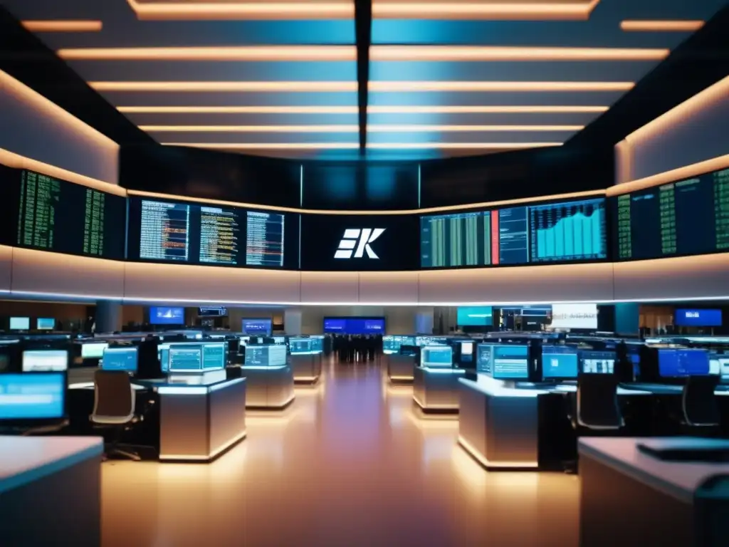 Piso de Bolsa moderno y vibrante Funcionamiento de la bolsa de valores - Piso moderno de intercambio de acciones con traders, tecnología avanzada y datos en tiempo real