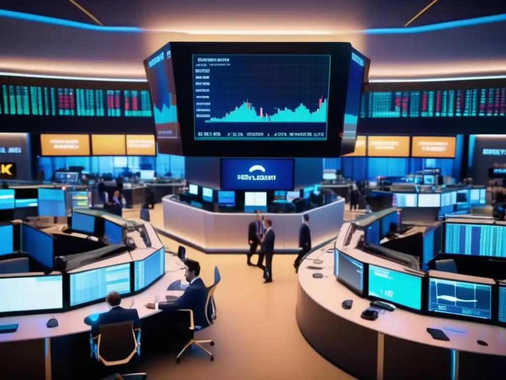 Piso de bolsa moderno y vibrante Funcionamiento bolsa de valores: piso trading moderno y vibrante, traders discuten y toman decisiones rápidas, pantallas muestran datos en tiempo real