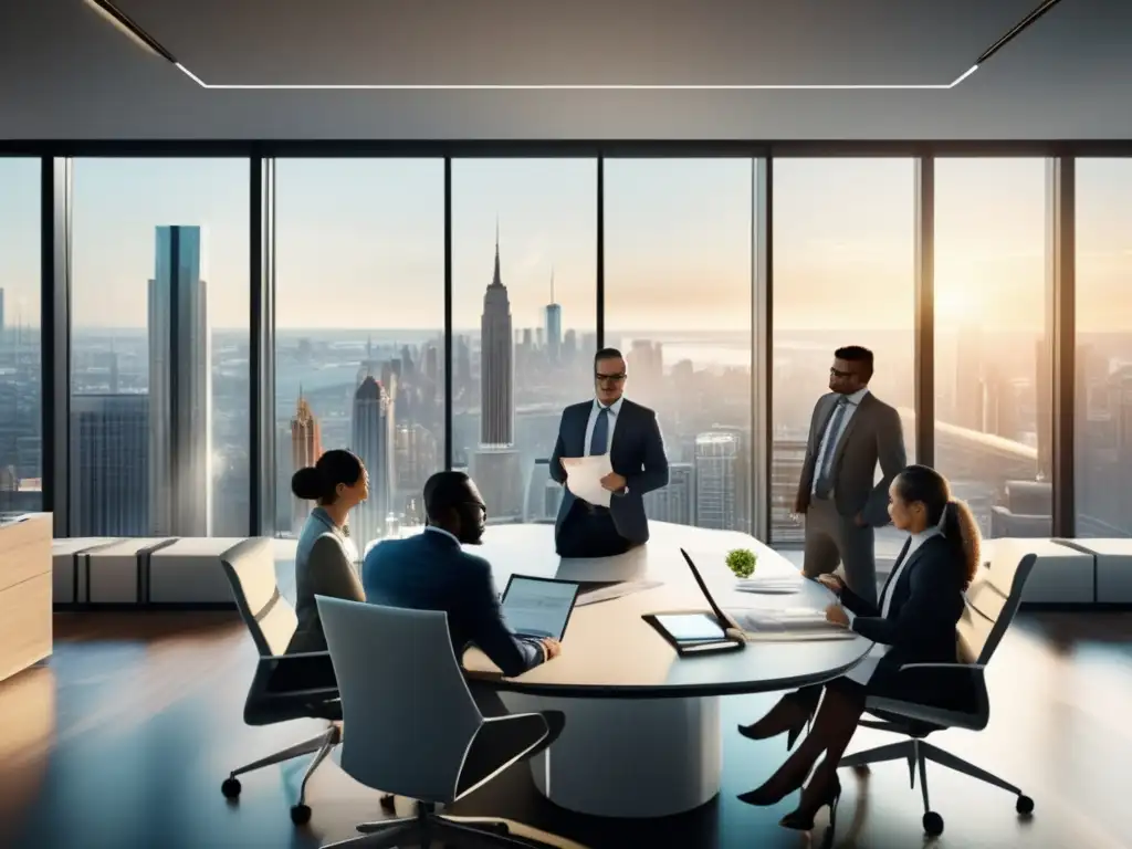 Oficina moderna con profesionales analizando datos Evaluación fundamental de empresas antes de invertir en moderno espacio de oficinas con vista a la ciudad