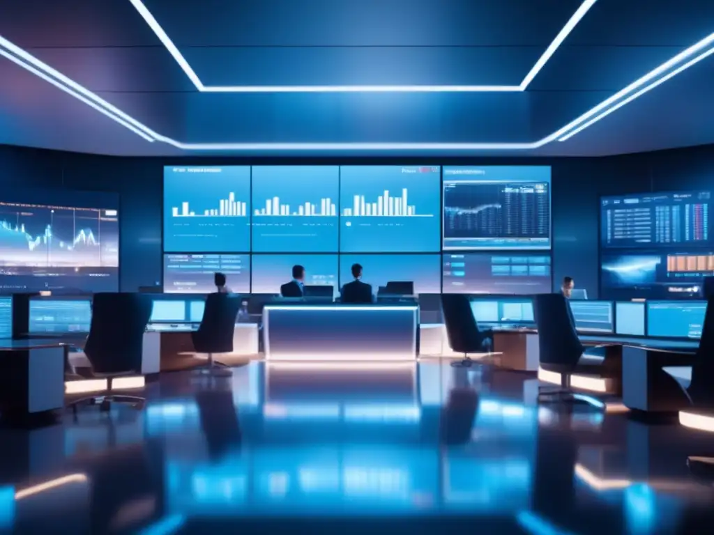 Sala de Trading Futurista Fundamentos del análisis técnico en inversiones - Imagen de una sala de trading futurista y sofisticada con monitores modernos y traders profesionales