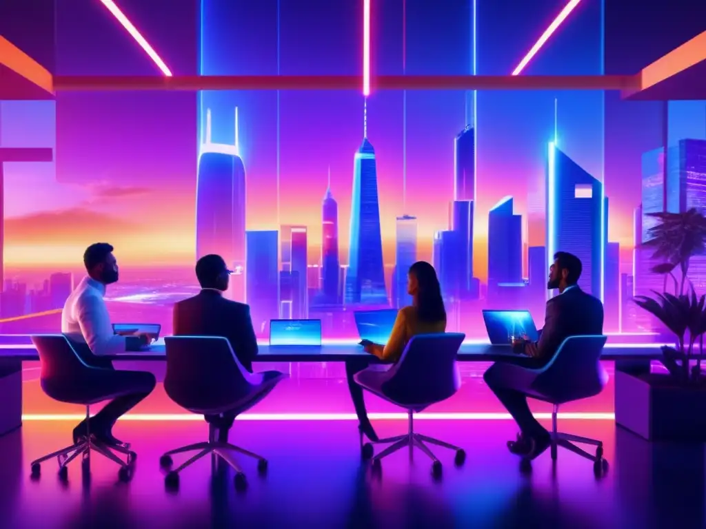 Inversión colectiva en una ciudad futurista Futura ciudad al atardecer con arquitectura moderna y neones; profesionales analizando gráficos en pantallas holográficas