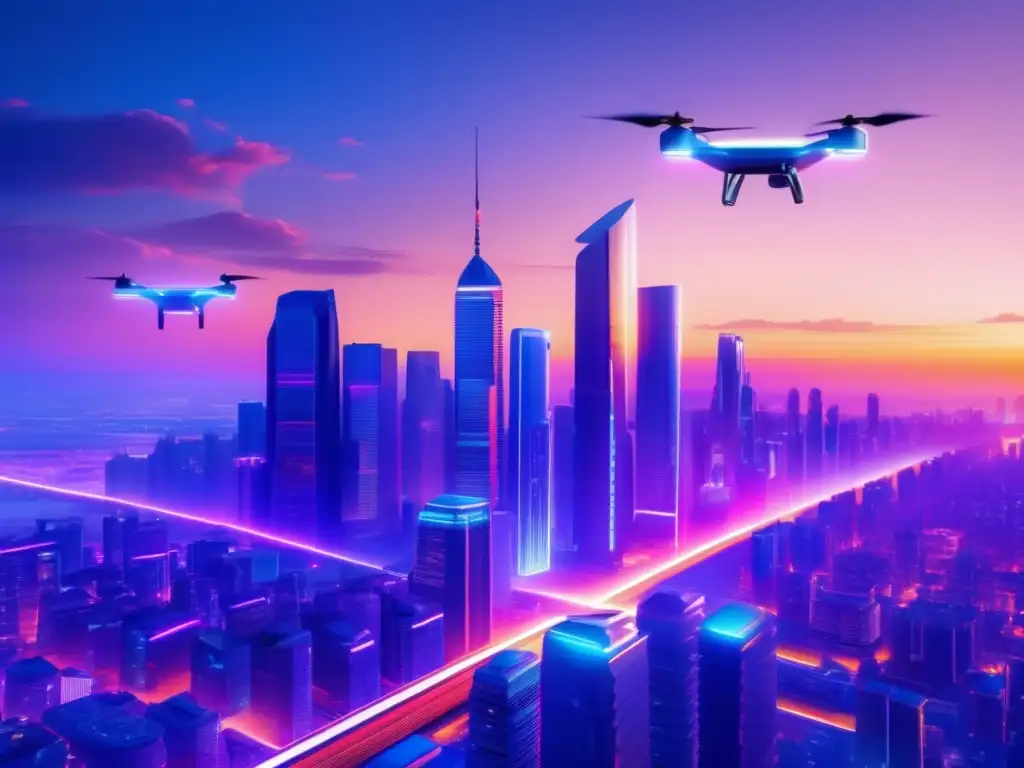 Futurista ciudad nocturna 8k con rascacielos modernos y drones Futura ciudad al atardecer con rascacielos modernos y tecnología avanzada