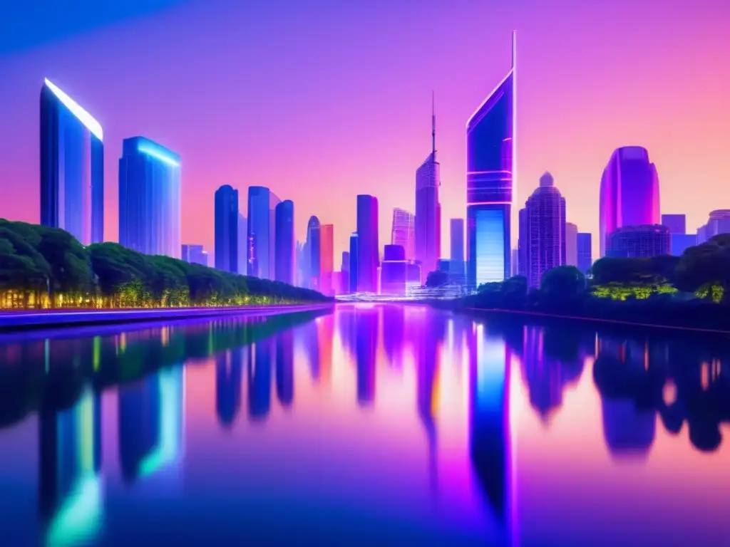 Ciudad futurista con rascacielos y profesionales Futura ciudad skyline al atardecer con rascacielos de vidrio, iluminados por luces neón