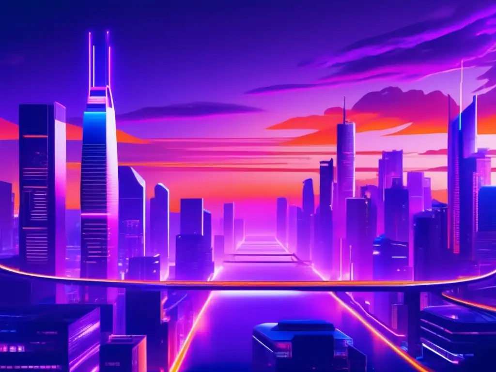 Ciudad futurista con rascacielos iluminados Futura ciudad al atardecer, con rascacielos modernos, luces de neón y profesionales discutiendo sobre planificación fiscal P2P inversiones