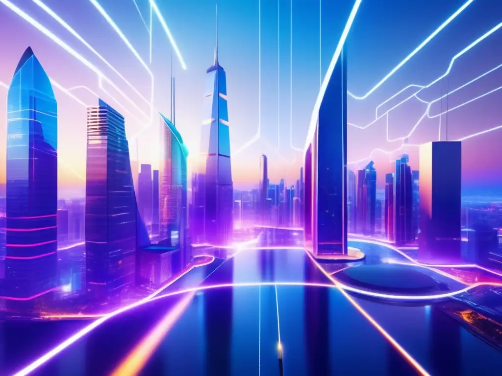 Futurista ciudad con rascacielos y comunicación Futura ciudad criptográfica con gobernanza transparente y comunicación efectiva