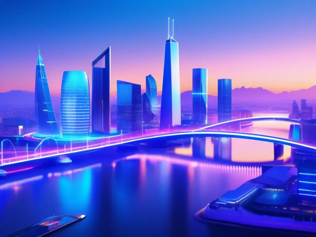 Futuro criptomonedas Europa Futura ciudad europea con rascacielos, puentes iluminados y profesionales discutiendo regulaciones de criptomonedas en Europa