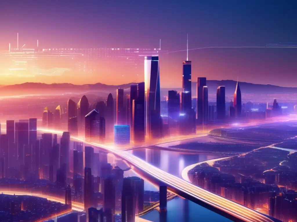 Futurista ciudad financiera al atardecer Futura ciudad financiera al atardecer: Modelos predictivos de riesgos financieros