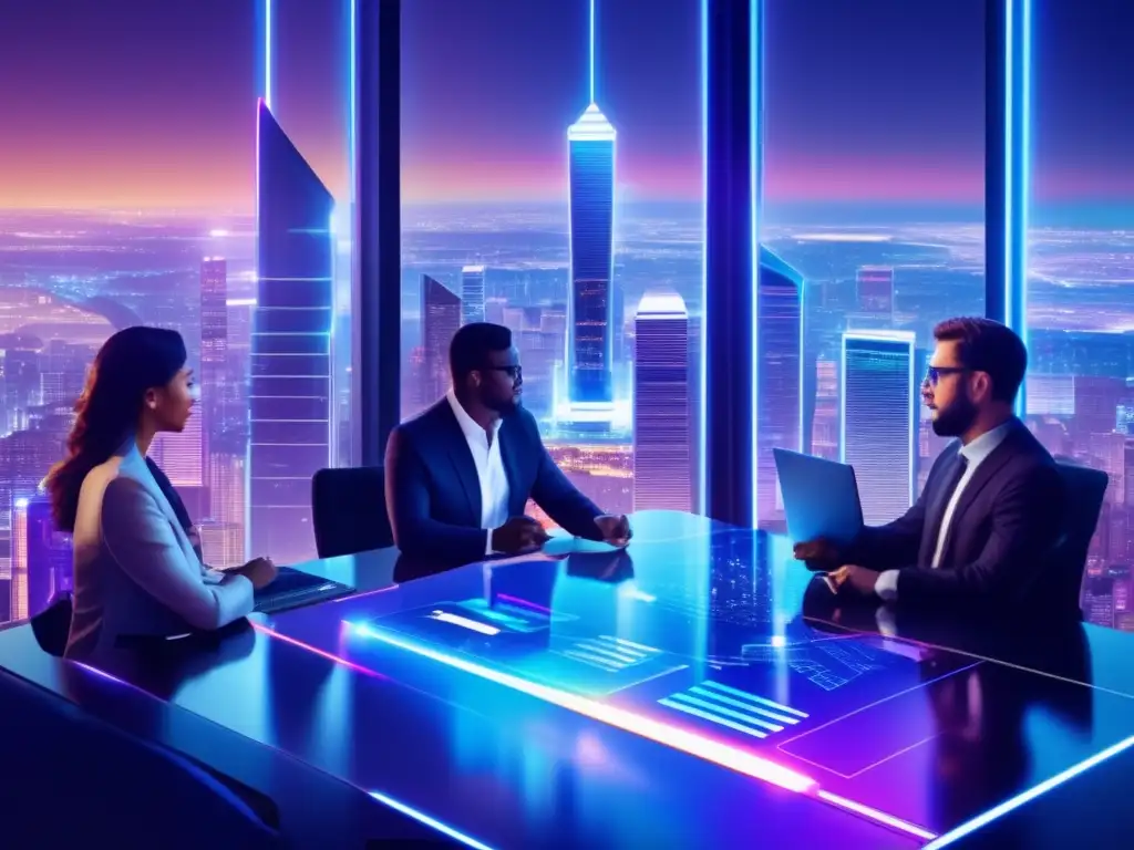 Ciudad futurista nocturna con edificios modernos iluminados Futura ciudad financiera 2023 con edificios modernos y tecnología avanzada