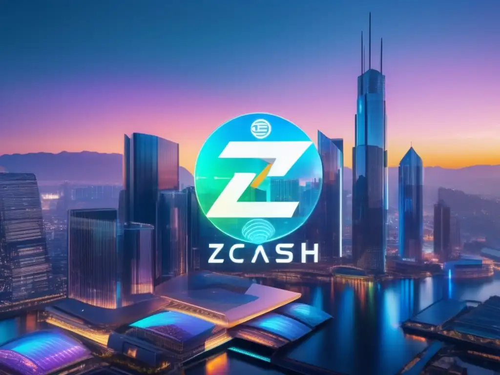 Futuro financiero en Zcash Futura ciudad financiera con hologramas y transacciones seguras: Ventajas de Zcash