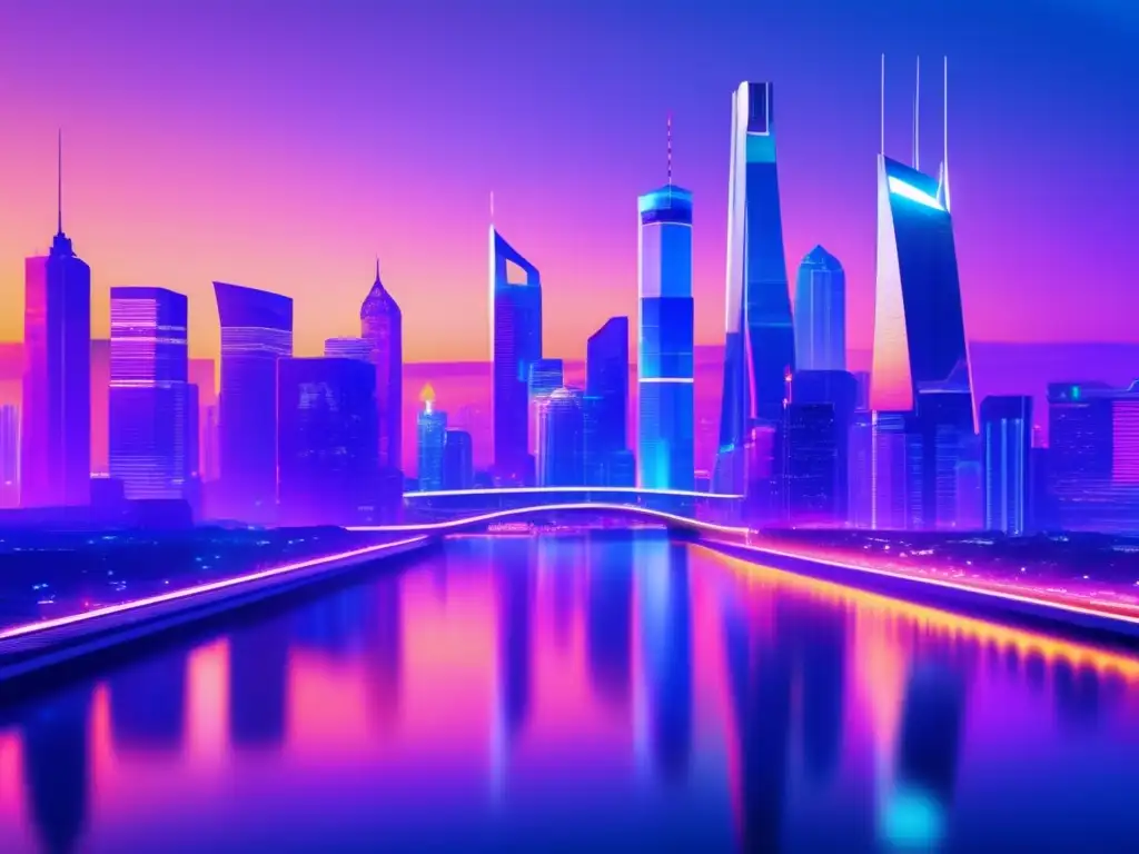 Ciudad financiera futurista: rascacielos, datos financieros y puente Futura ciudad financiera en crepúsculo, con rascacielos modernos, pantallas digitales de datos financieros y un puente futurista