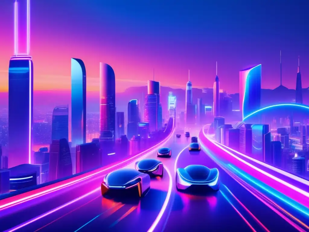 Ciudad futurista con luces de neón Futura ciudad iluminada por luces de neón, con rascacielos de vidrio y bordes curvos reflejando su resplandor colorido