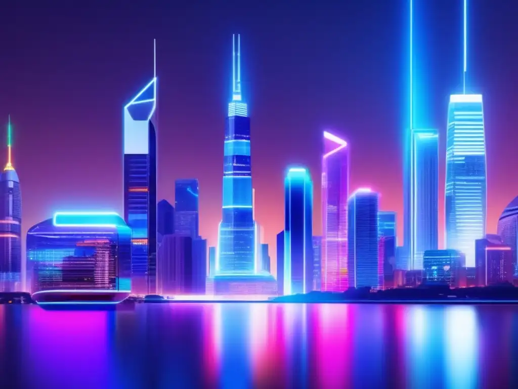 Futurista ciudad nocturna con rascacielos y tecnología financiera Futura ciudad nocturna con rascacielos iluminados por neones, roboadvisor muestra datos de inversión (Estrategias de inversión en Roboadvisors)