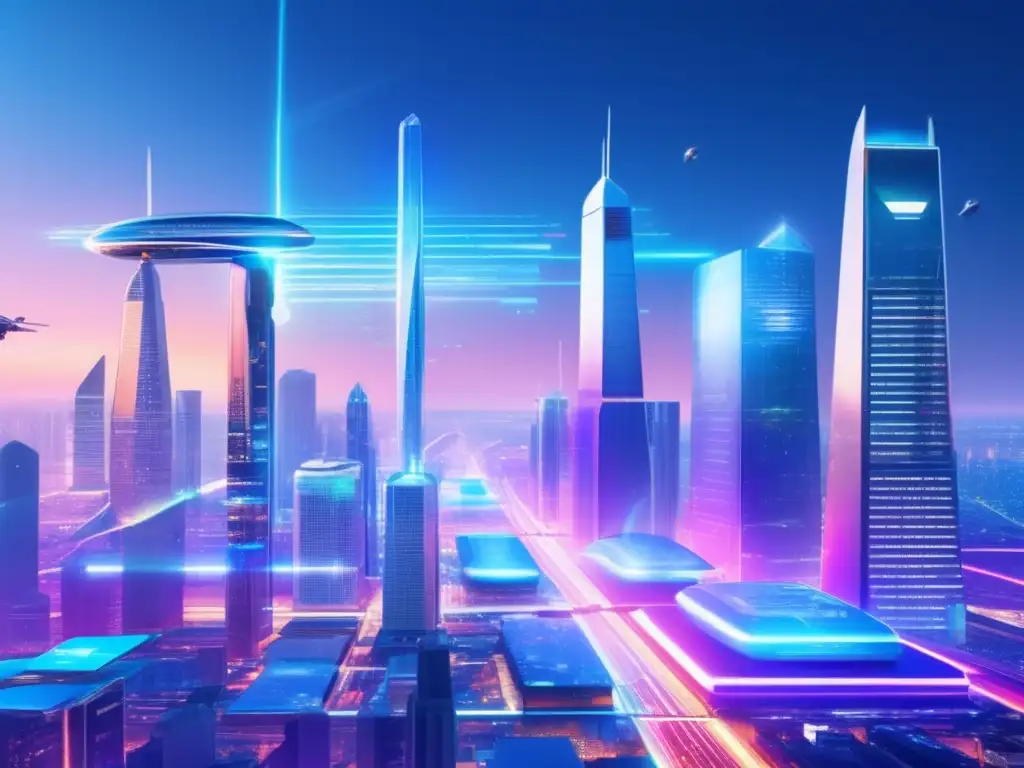 Ciudad futurista con rascacielos y tecnología avanzada Futura ciudad con rascacielos, tecnología y anuncios holográficos de campañas de crowdfunding en sectores como tecnología, salud y educación