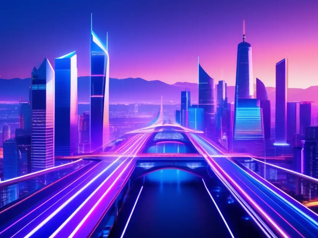 Ciudad futurista iluminada con rascacielos modernos Futura ciudad tecnológica: Rentabilidad futura startups tecnológicas