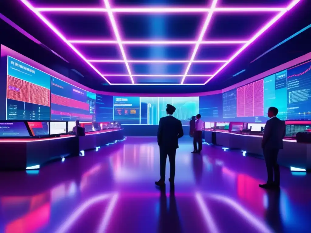 Traders in VR headsets on futuristic trading floor Futura sala de trading financiero con luces neón, traders en VR y análisis de ciclos de mercado