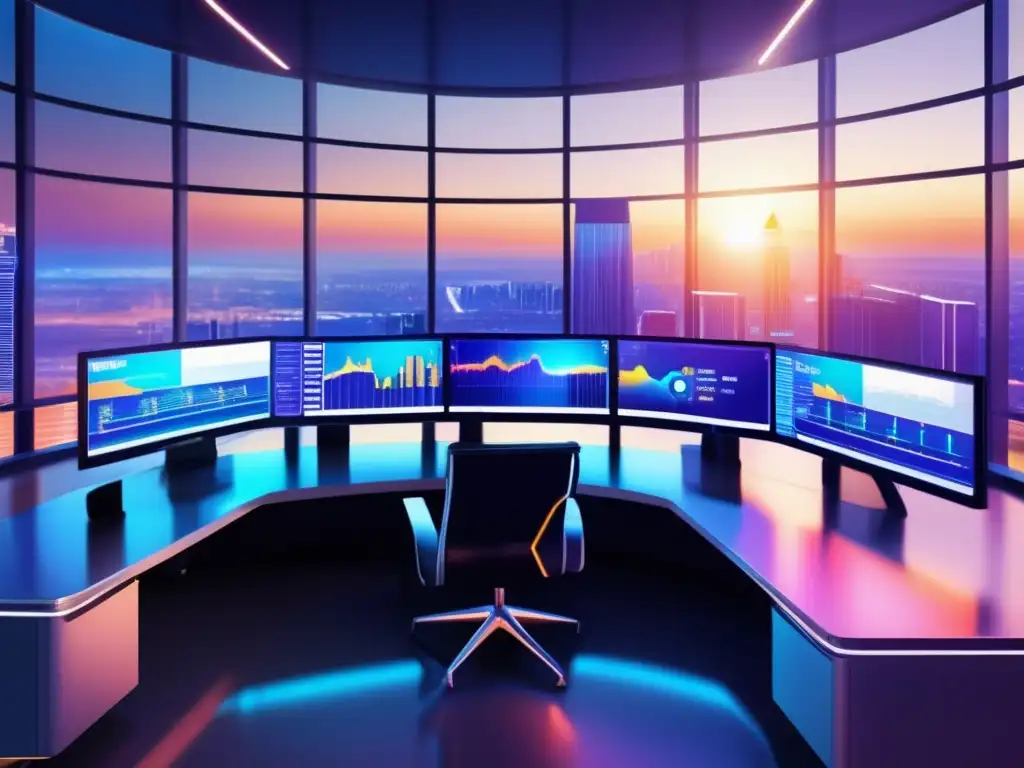 Futuro trading room: tecnología avanzada y traders ocupados Futura sala de trading con tecnología avanzada y traders analizando y ajustando bots de trading
