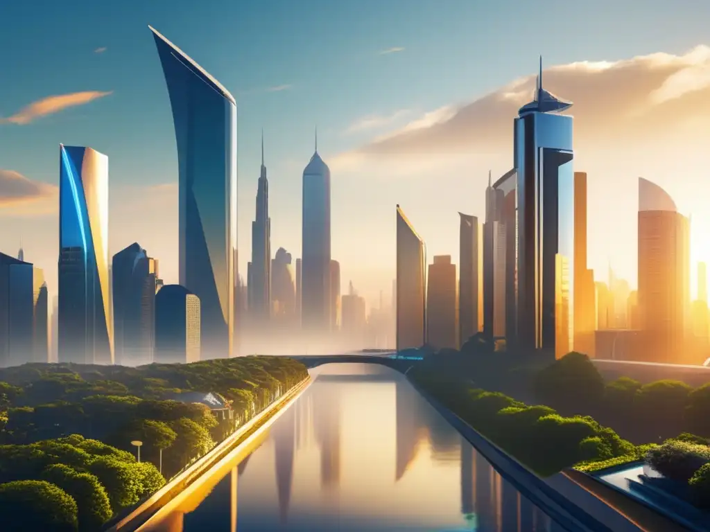 Futurista ciudad con rascacielos altos Futurismo urbano con beneficios de diversificar inversiones en startups e ICOs