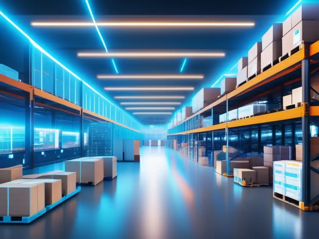 Futuro almacén tecnológico con cadena de suministro VeChain Almacen futurista de VeChain, cadena de suministros avanzada y eficiente (110 caracteres)